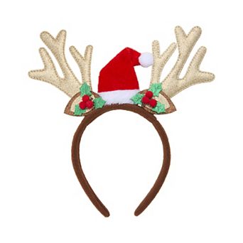 Reindeer Santa Hat Headband With Antlers & Holly Embellishments