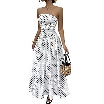 Womens Summer Casual Polka Dot Strapless Ruched Tube Top Sleeveless Swing Flowy Maxi Dresses