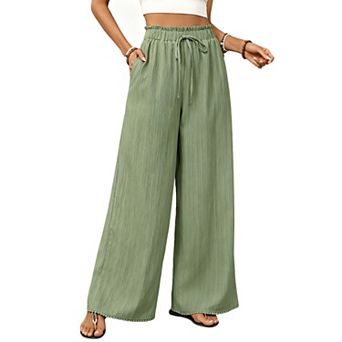 Womens High Waisted Crinkled Wide Leg Pants Casual Drawstring Summer Trousers