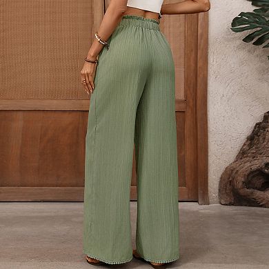 Womens High Waisted Crinkled Wide Leg Pants Casual Drawstring Summer Trousers