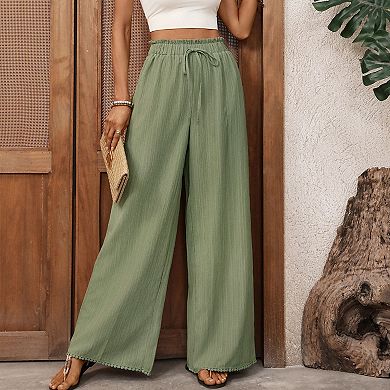 Womens High Waisted Crinkled Wide Leg Pants Casual Drawstring Summer Trousers