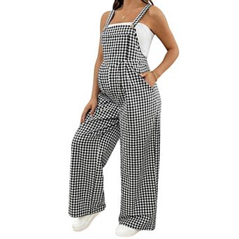 Womens Maternity Gingham Wide Leg Overalls Adjustable Strap Casual Pregnancy Jumpsuit