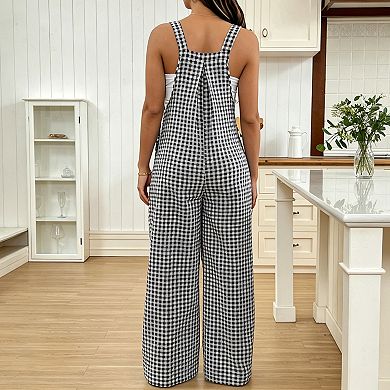 Womens Maternity Gingham Wide Leg Overalls Adjustable Strap Casual Pregnancy Jumpsuit