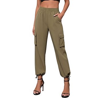 Womens High Waisted Cargo Pants Elastic Waist Drawstring Hem Streetwear Trousers