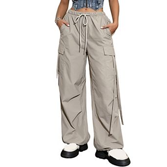 Womens High Waisted Parachute Cargo Pants Drawstring Streetwear Trousers