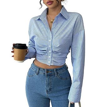 Women's Ruched Front Striped Cropped Button Down Shirt Long Sleeve Collar Fitted Crop Casual Blouse