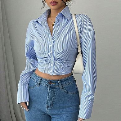 Women's Ruched Front Striped Cropped Button Down Shirt Long Sleeve Collar Fitted Crop Casual Blouse