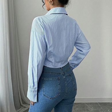 Women's Ruched Front Striped Cropped Button Down Shirt Long Sleeve Collar Fitted Crop Casual Blouse