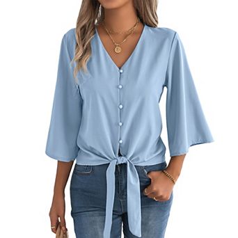 Women's V Neck Button Down Tie Knot Chiffon Shirt 3/4 Long Sleeve Top Summer Casual Loose Fit Blouse