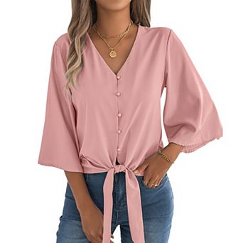 Women's V Neck Button Down Tie Knot Chiffon Shirt 3/4 Long Sleeve Top Summer Casual Loose Fit Blouse
