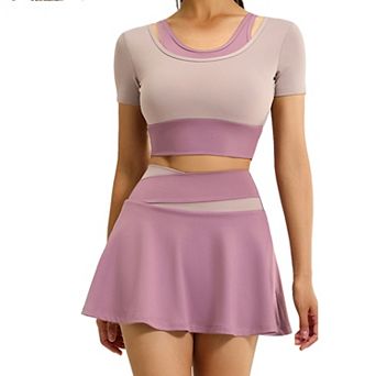 Womens 2-in-1 Crop Top and Tennis Skirt Set Workout Activewear 2 pc Outfit