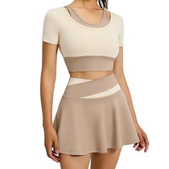 Womens 2-in-1 Crop Top and Tennis Skirt Set Workout Activewear 2 pc Outfit