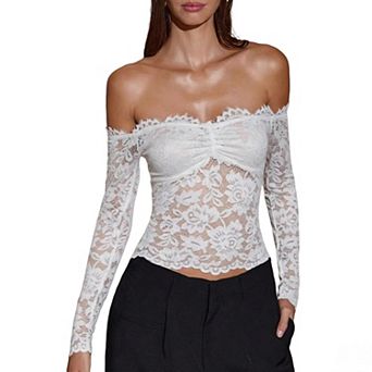 Women's Off Shoulder Long Sleeve Sheer Lace Top French Vintage Shirt Summer Casual Boho Slim Blouse