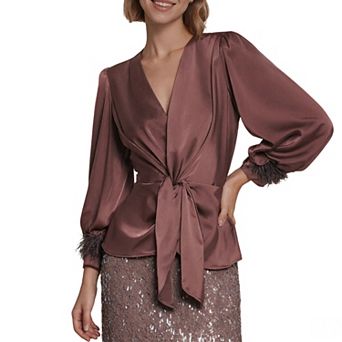 Women's Satin V Neck Tie Waist soft Cuff Long Sleeve Shirt Summer Casual Top Boho Blouse