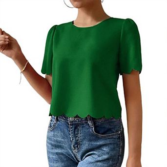 Women's Short Sleeve Scallop Hem Cropped Blouse Crew Neck Summer Casual Shirt Boho Top