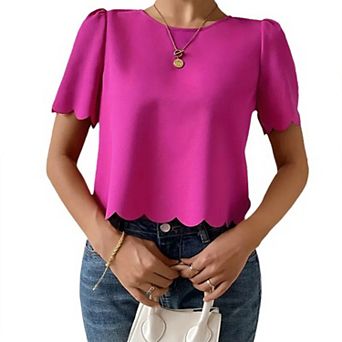 Women's Short Sleeve Scallop Hem Cropped Blouse Crew Neck Summer Casual Shirt Boho Top