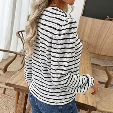 Women's Stripe Knit Puff Sleeve Top Crew Neck Long Sleeve Casual Loose Fit Pullover Blouse