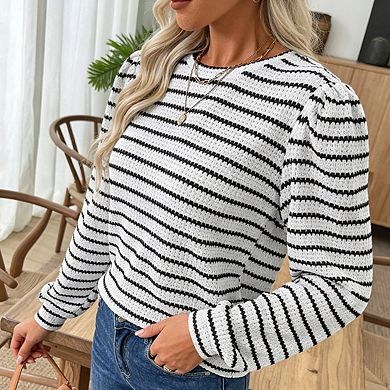 Women's Stripe Knit Puff Sleeve Top Crew Neck Long Sleeve Casual Loose Fit Pullover Blouse