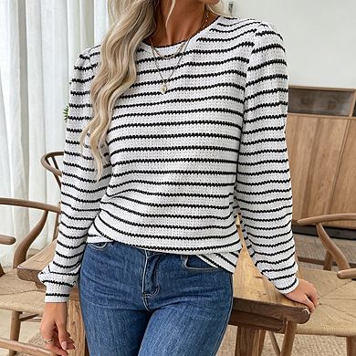 Women's Stripe Knit Puff Sleeve Top Crew Neck Long Sleeve Casual Loose Fit Pullover Blouse