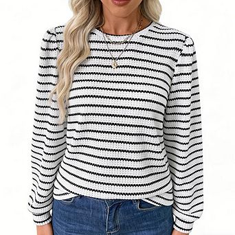 Women's Stripe Knit Puff Sleeve Top Crew Neck Long Sleeve Casual Loose Fit Pullover Blouse