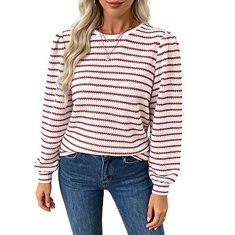 Women's Stripe Knit Puff Sleeve Top Crew Neck Long Sleeve Casual Loose Fit Pullover Blouse