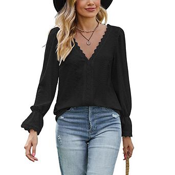 Women's Lace Trim V-Neck Long Bell Sleeve Blouse Casual Office Dressy Top