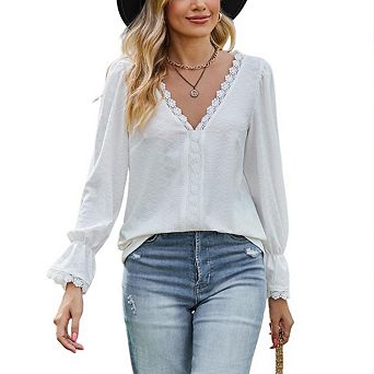 Women's Lace Trim V-Neck Long Bell Sleeve Blouse Casual Office Dressy Top