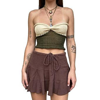 Women's Knit Tube Top Strapless Twist Front Cropped Mesh Summer Casual Color Block Knit Crop Top