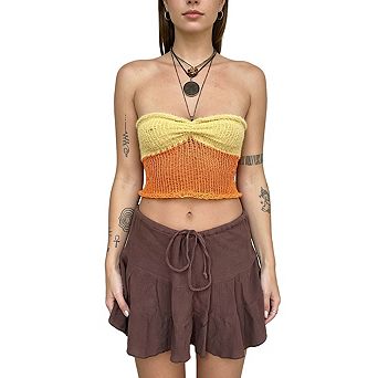 Women's Knit Tube Top Strapless Twist Front Cropped Mesh Summer Casual Color Block Knit Crop Top