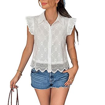 Women's Ruffle Cap Sleeve Blouse Collared Button Down Lace Trim Shirt Casual Summer Top