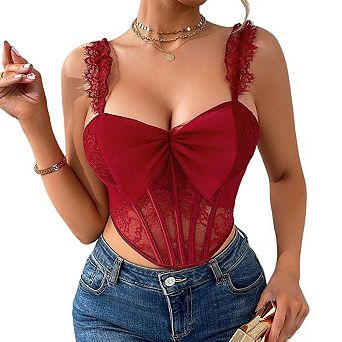 Women's Lace Bow Bustier Crop Top Sweetheart Neck Sheer Mesh Corset Cami with Adjustable Straps