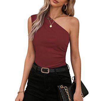 Women's Irregular One Shoulder Ruched Slim Fit Knit Tank Top Summer Casual Boho Shirt Base Blouse