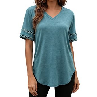 Womens V Neck Short Sleeve T Shirts Casual Loose Fit Summer Blouse Tunic Tops
