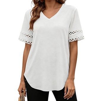 Womens V Neck Short Sleeve T Shirts Casual Loose Fit Summer Blouse Tunic Tops