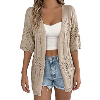 Women's Crochet Knit Open Front Cardigan Half Sleeve Hollow Out Casual Cover Up