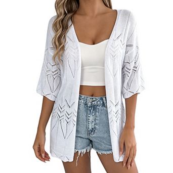 Women's Crochet Knit Open Front Cardigan Half Sleeve Hollow Out Casual Cover Up