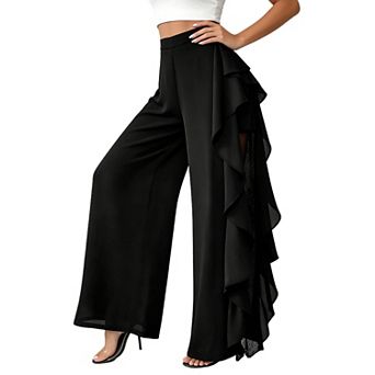 Women's High Waist Ruffle Wide Leg Pants Lace Sheer Side Split Flowy Trousers