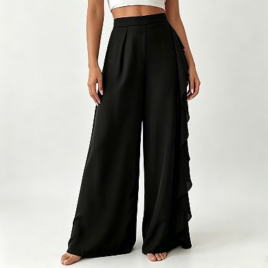 Women's High Waist Ruffle Wide Leg Pants Lace Sheer Side Split Flowy Trousers