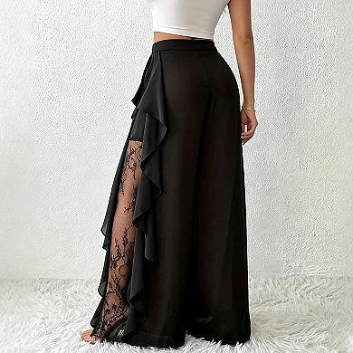 Women's High Waist Ruffle Wide Leg Pants Lace Sheer Side Split Flowy Trousers