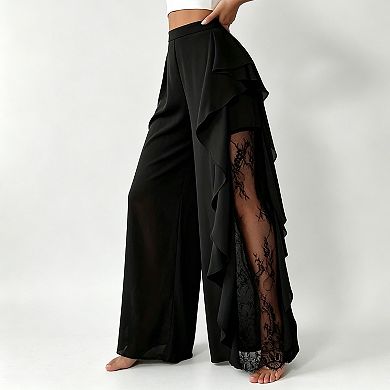 Women's High Waist Ruffle Wide Leg Pants Lace Sheer Side Split Flowy Trousers