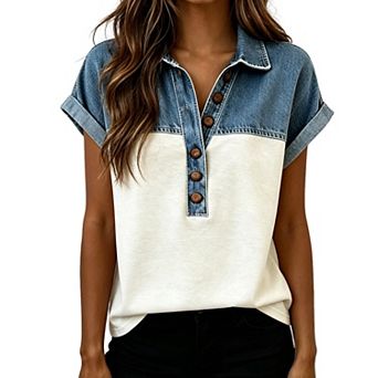 Womens Color Block Collared Short Sleeve T Shirts Casual Button Down Blouse Tops
