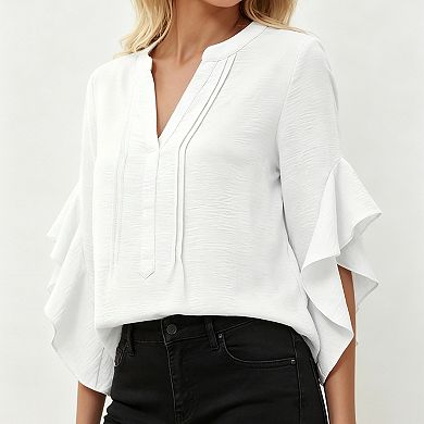 Women's V Neck Ruffle 3/4 Sleeve Blouse Loose Fit Casual Tunic Tops for Work