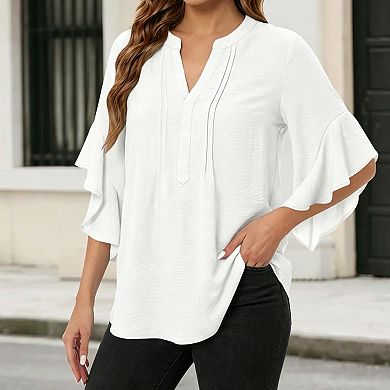 Women's V Neck Ruffle 3/4 Sleeve Blouse Loose Fit Casual Tunic Tops for Work