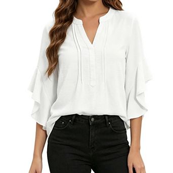 Women's V Neck Ruffle 3/4 Sleeve Blouse Loose Fit Casual Tunic Tops for Work