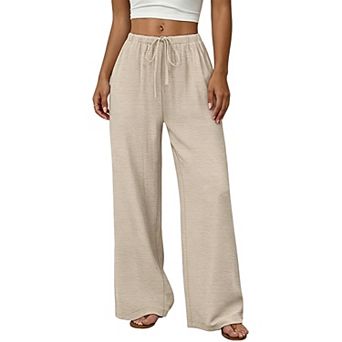 Women's High Waist Drawstring Wide Leg Pants Casual Loose Beach Trousers with Pockets