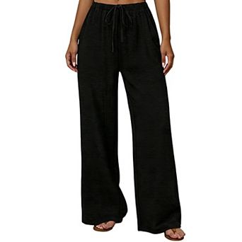Women's High Waist Drawstring Wide Leg Pants Casual Loose Beach Trousers with Pockets