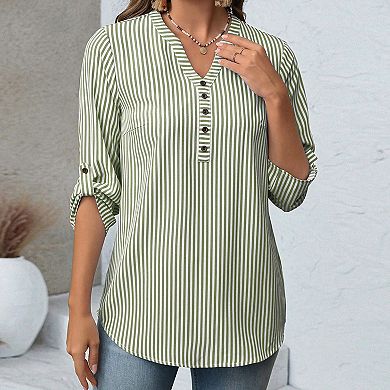 Women's Striped V Neck 3/4 Roll Tab Sleeve Blouse Casual Tunic Tops for Work