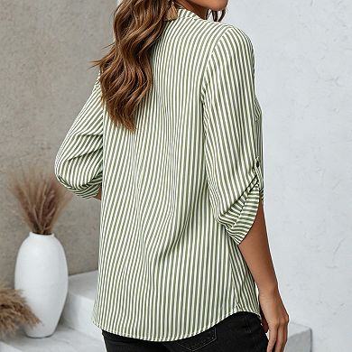 Women's Striped V Neck 3/4 Roll Tab Sleeve Blouse Casual Tunic Tops for Work
