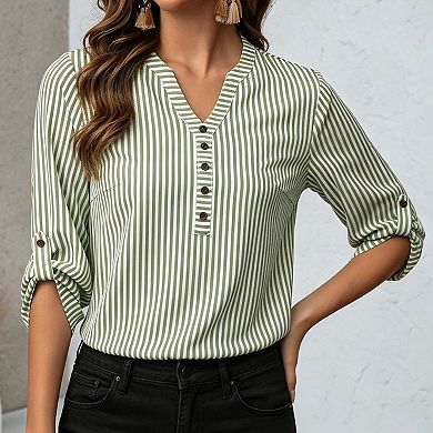 Women's Striped V Neck 3/4 Roll Tab Sleeve Blouse Casual Tunic Tops for Work