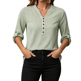Women's Striped V Neck 3/4 Roll Tab Sleeve Blouse Casual Tunic Tops for Work